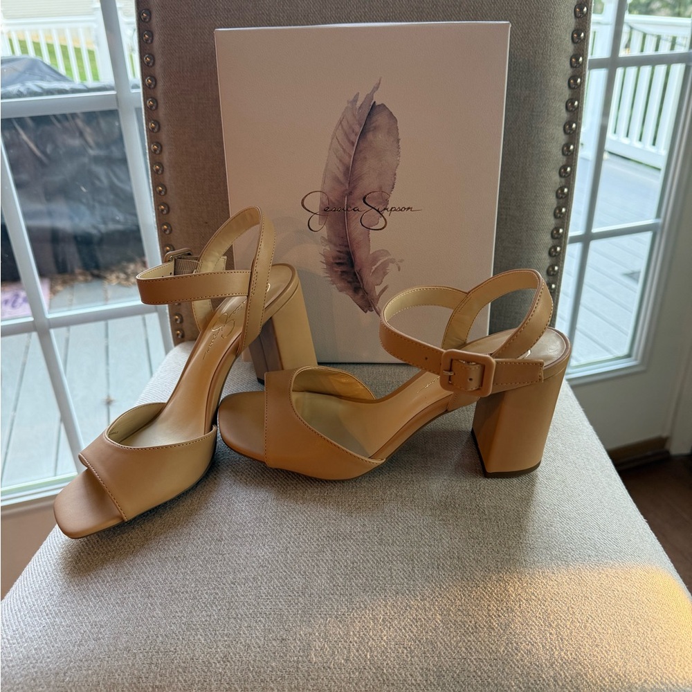 Jessica Simpson Tan Open-Toe Block Heel Sandals with Ankle Strap - Picture 2 of 6